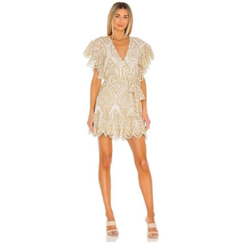 MINKPINK Whilma Wrap Mini Dress Ivory & Gold‎ Eyelet V-Neck Flutter Sleeves SZ L